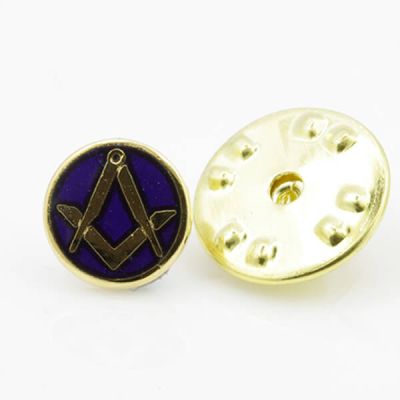 Gilt Metal Square and Compass Royal Blue Enamel Lapel Pin