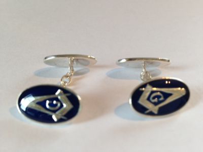 Blue Enamel & Silver Oval Masonic Cufflinks with Chain - ‘G’