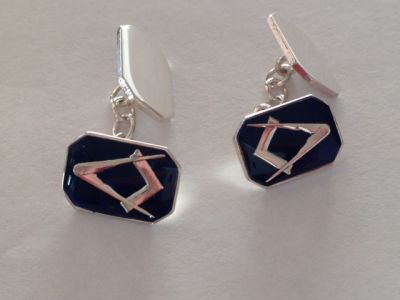 Blue Enamel & Silver Rectangular Masonic Cufflinks with Chain