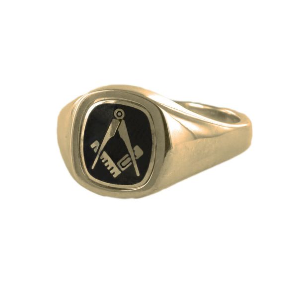 Black Reversible Cushion Head Solid Gold Square and Compass Masonic Ring