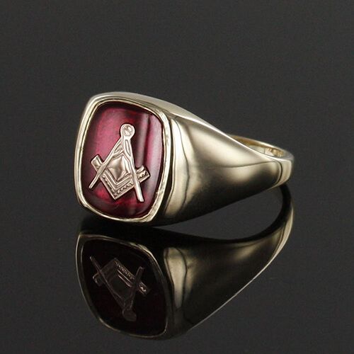 9ct Gold Synthetic Ruby Square And Compass Masonic Ring