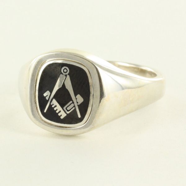 Black Reversible Cushion Head Solid Silver Square and Compass Masonic Ring