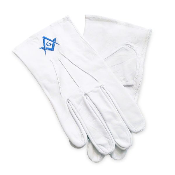 White Leather Masonic Gloves with Square & Compass + G